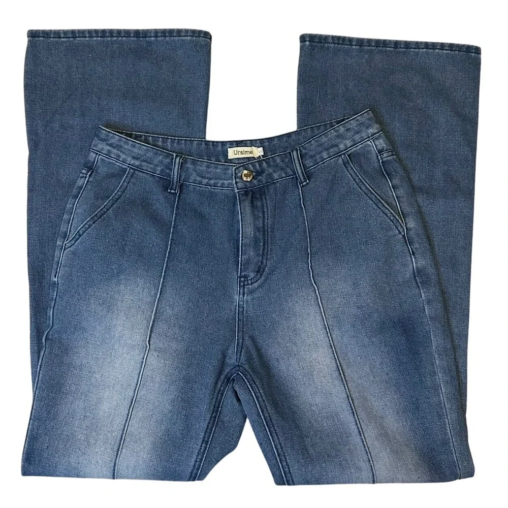 Ursime Womens High Waisted Flare Jeans Medium Wash Front Seam Denim XL